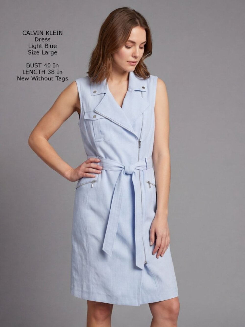 CALVIN KLEIN Dress Large Light Blue Sleeveless Zippers Pockets Lined Bin 9